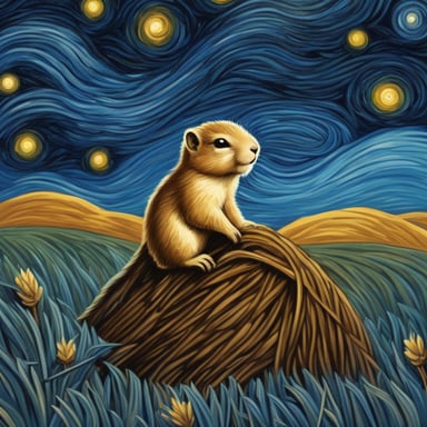 The prompt is in Russian and talks about a ground squirrel with a wrench in the style of Van Gogh's paintings against a starry night background. However, following your instructions, I'll adjust it:

Go Blue Gopher with a wrench against a backdrop of haystacks in the style of Van Gogh's paintings under a starry night sky.