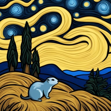 The prompt is in Russian and talks about a ground squirrel with a wrench in the style of Van Gogh's paintings against a starry night background. However, following your instructions, I'll adjust it:

Go Blue Gopher with a wrench against a backdrop of haystacks in the style of Van Gogh's paintings under a starry night sky.