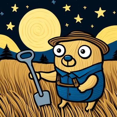 Go Blue Gopher with a wrench against a backdrop of hay bales in the style of Van Gogh's paintings under a starry night sky.