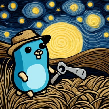 Go Blue Gopher with a wrench against a backdrop of hay bales in the style of Van Gogh's paintings under a starry night sky.