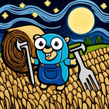 Go Blue Gopher with a wrench against a backdrop of hay bales in the style of Van Gogh's paintings under a starry night sky.