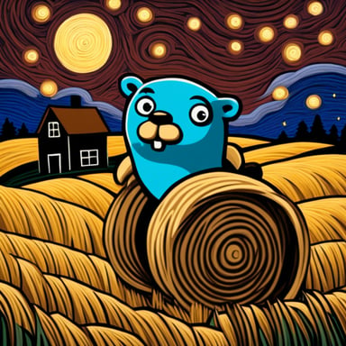 Go Blue Gopher with a wrench against a backdrop of hay bales in the style of Van Gogh's paintings under a starry night sky.