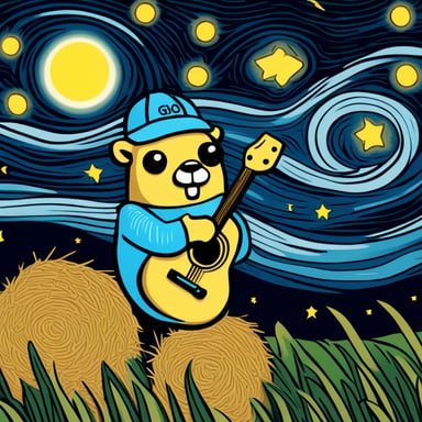 Go Blue Gopher with a wrench, amidst haystacks, channels Van Gogh's style under a starry night sky.