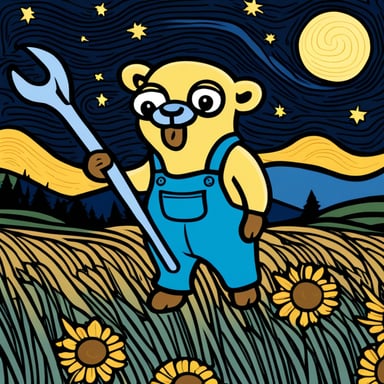 Go Blue Gopher with a wrench, amidst haystacks, channels Van Gogh's style under a starry night sky.