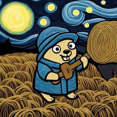 Go Blue Gopher with a wrench, amidst haystacks, channels Van Gogh's style under a starry night sky.