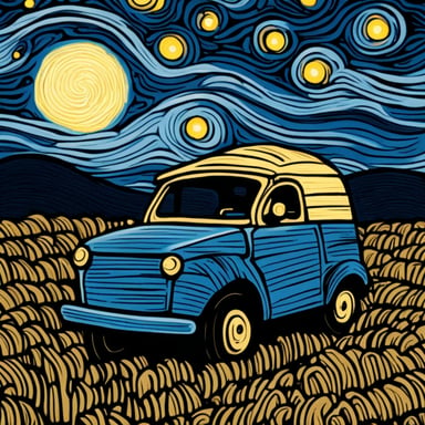 Go Blue Gopher with a wrench, amidst haystacks, channels Van Gogh's style under a starry night sky.