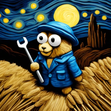 Go Blue Gopher holds a wrench against a backdrop of haystacks, styled like Van Gogh's paintings, beneath a starry night sky.
