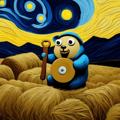 Go Blue Gopher holds a wrench against a backdrop of haystacks, styled like Van Gogh's paintings, beneath a starry night sky.