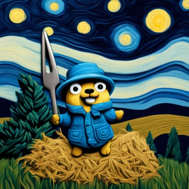 Go Blue Gopher holds a wrench against a backdrop of haystacks, styled like Van Gogh's paintings, beneath a starry night sky.