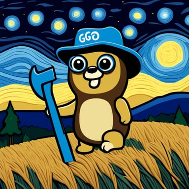 Go Blue Gopher holds a wrench against a backdrop of haystacks, styled like Van Gogh's paintings, beneath a starry night sky.