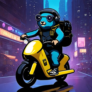 A go blue gopher in a cyberpunk city, riding a neon-lit hoverbike.