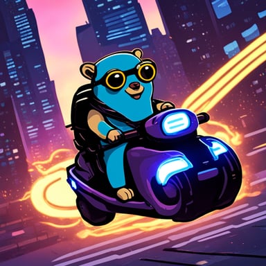 A go blue gopher in a cyberpunk city, riding a neon-lit hoverbike.