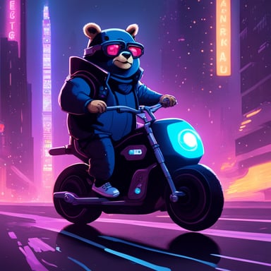 A go blue gopher in a cyberpunk city, riding a neon-lit hoverbike.