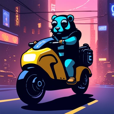 A go blue gopher in a cyberpunk city, riding a neon-lit hoverbike.