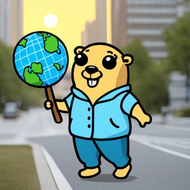 Go Blue Gopher carrying a globe, the globe has the name web servers on it.