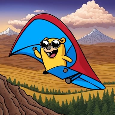 A happy go blue gopher hang gliding over an erupting volcano.