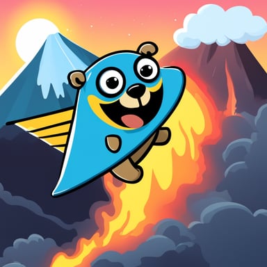A happy go blue gopher hang gliding over an erupting volcano.