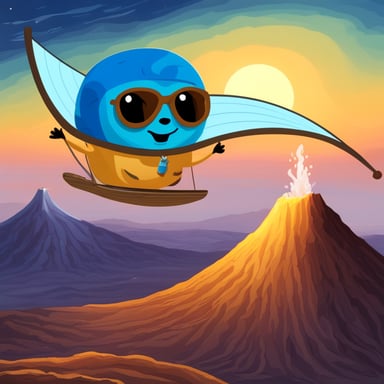 A happy go blue gopher hang gliding over an erupting volcano.