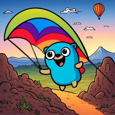 A happy go blue gopher hang gliding over an erupting volcano.