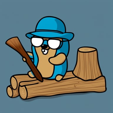 Go Blue Gopher disguises as a beaver cutting wood