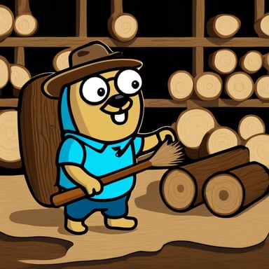 Go Blue Gopher disguises as a beaver cutting wood