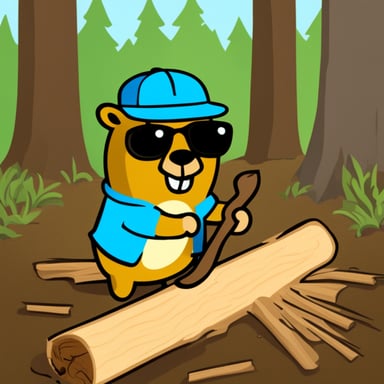 Go Blue Gopher disguises as a beaver cutting wood