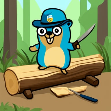 Go Blue Gopher disguises as a beaver sawing wood.