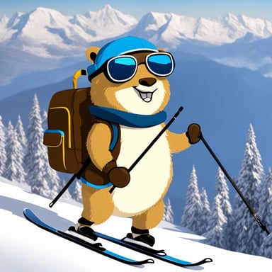 Go blue gopher skiing in the Alps with a gecko.