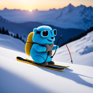Go blue gopher skiing in the Alps with a gecko.