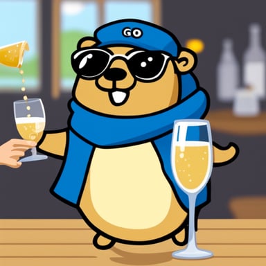 Happy Go Blue Gopher drinking champagne with friends.