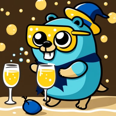 Go Blue Gopher drinking champagne, celebrating happily.