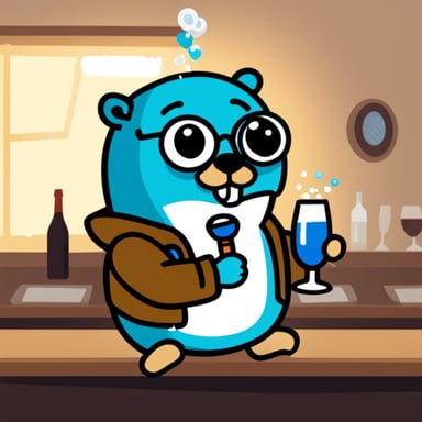 Go Blue Gopher drinking champagne, celebrating happily.
