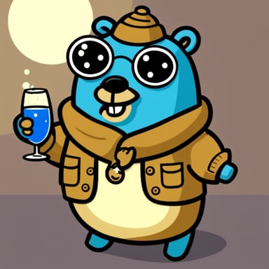 Go Blue Gopher drinking champagne, celebrating happily.