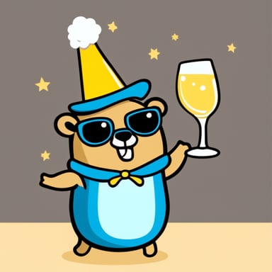 Go Blue Gopher drinking champagne, celebrating happily.