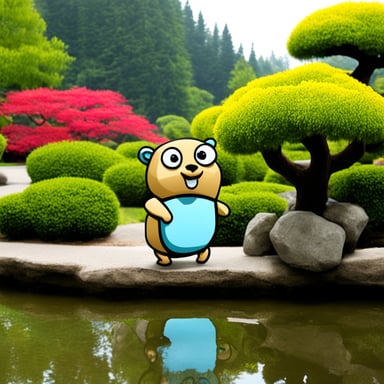 Go Blue Gopher visiting a Japanese garden.