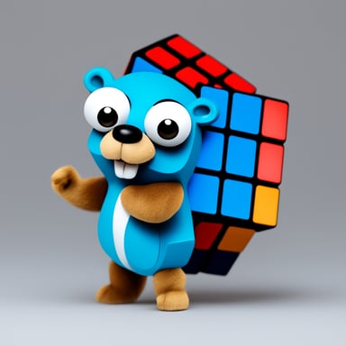 Go Blue Gopher solves Rubik's Cube on white background.