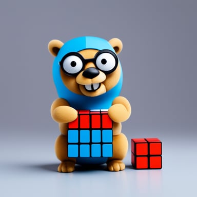 Go Blue Gopher solves Rubik's Cube on white background.