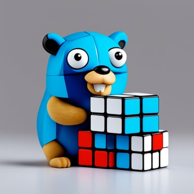 Go Blue Gopher solves Rubik's Cube on white background.