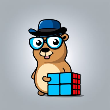 Go Blue Gopher solves Rubik's Cube on white background in cartoon style.