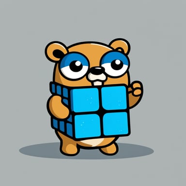 Go Blue Gopher solves Rubik's Cube on white background in cartoon style.