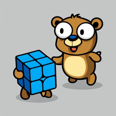 Go Blue Gopher solves Rubik's Cube on white background in cartoon style.