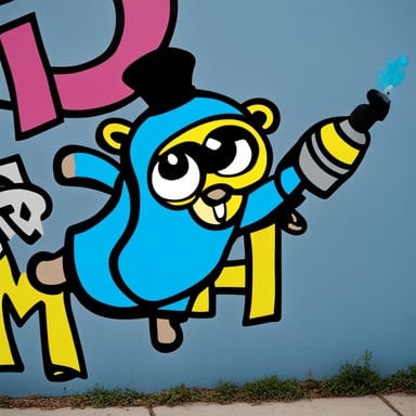 Go Blue Gopher with a spray can making graffiti art.