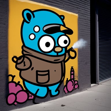 Go Blue Gopher with a spray can making graffiti art.