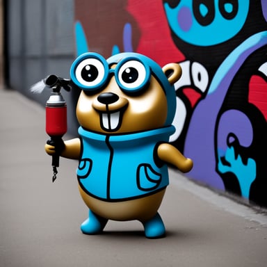 Go Blue Gopher as a graffiti artist, wielding a spray paint can, with a graffiti-adorned wall in the background.