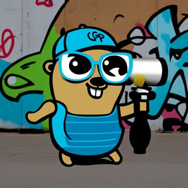 Go Blue Gopher as a graffiti artist, wielding a spray paint can, with a graffiti-adorned wall in the background.