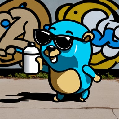 Go Blue Gopher as a graffiti artist, wielding a spray paint can, with a graffiti-adorned wall in the background.