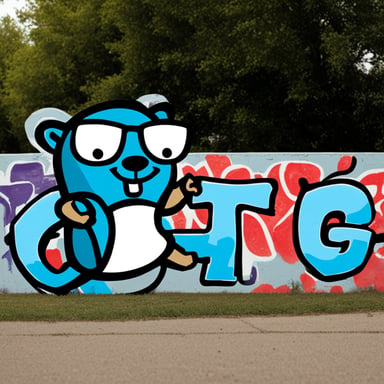 Go Blue Gopher as a graffiti artist, wielding a spray paint can, with a graffiti-adorned wall in the background.