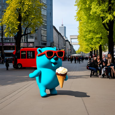 Go Blue Gopher explores Berlin, Alexanderplatz, eating donner
