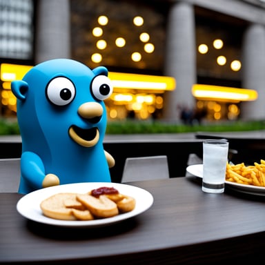 Go Blue Gopher explores Berlin, Alexanderplatz, eating donner