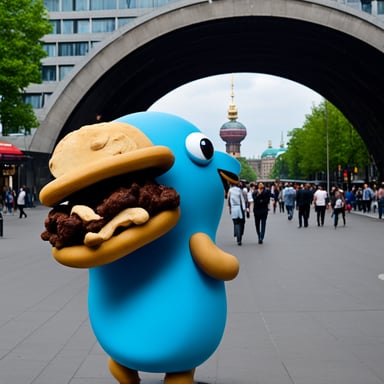 Go Blue Gopher explores Berlin, Alexanderplatz, eating donner